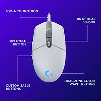 Souris de jeu optique de 8000 ppp G203 LIGHTSYNC de Logitech - Blanc