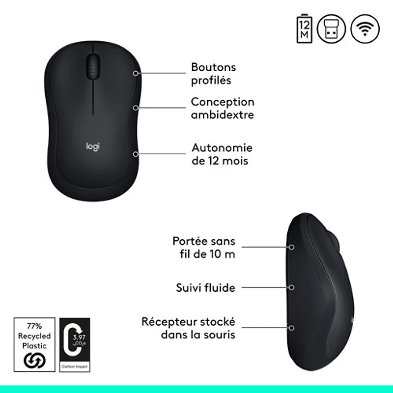 Souris optique sans fil M185 de Logitech - Noir