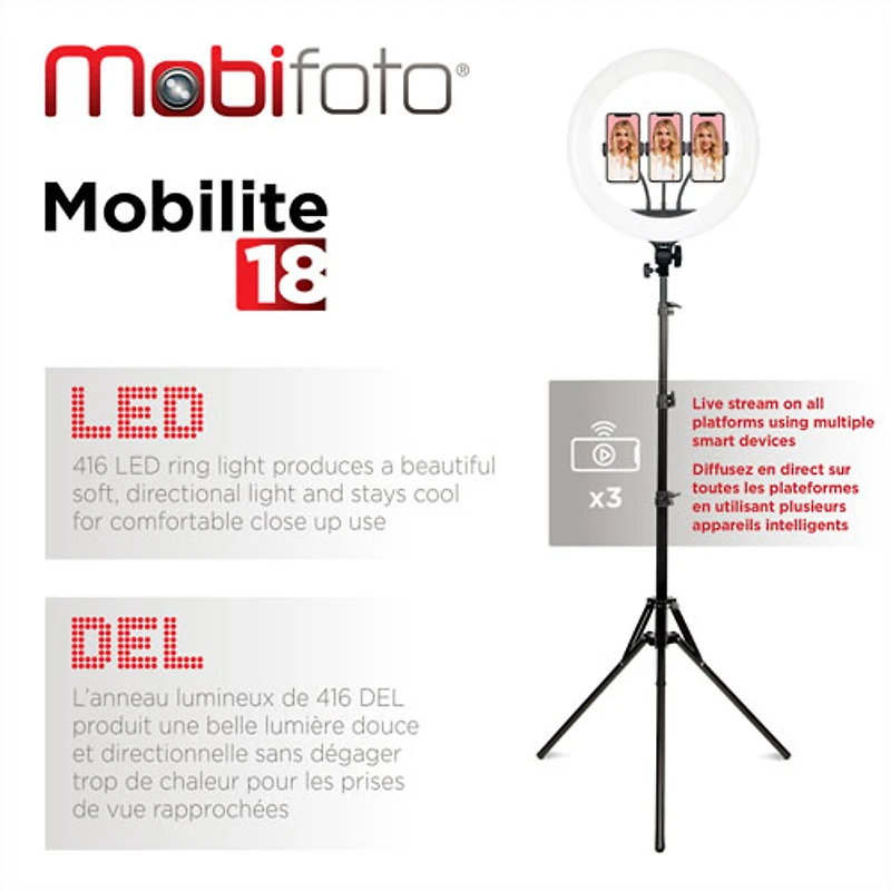 Ensemble pour blogues vidéo avec anneau lumineux DEL bicolore de 18 po de Mobifoto (MOBIRL18)
