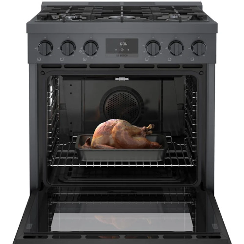 Cuisinière gaz autonome 5 brûleurs convection véritable 3,7 pi³ 30 po Bosch (HGS8045UC) - Inox noir