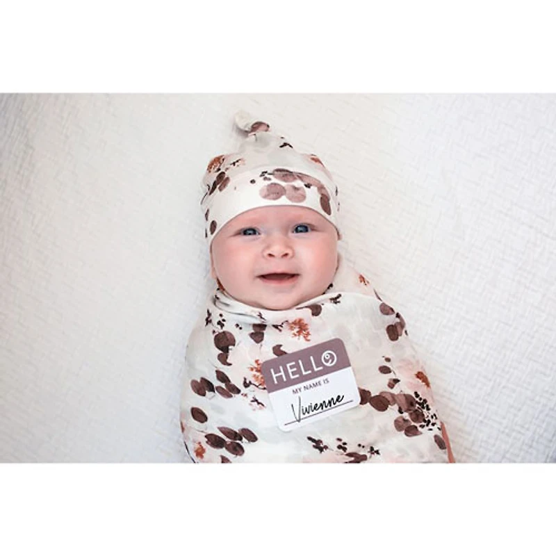 Lulujo Hello World Bamboo Swaddle & Hat - 0 to 4 Months - Eucalyptus