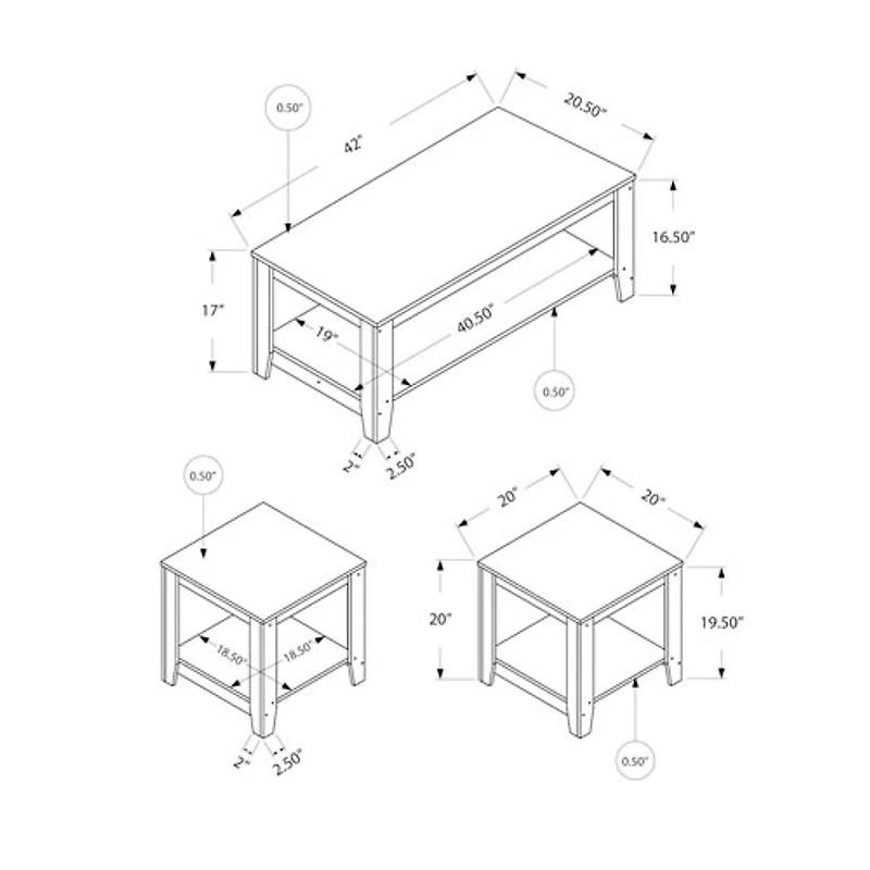 Monarch Contemporary 3-Piece Coffee Table & End Tables Set with Shelves - Oak Grey/Black