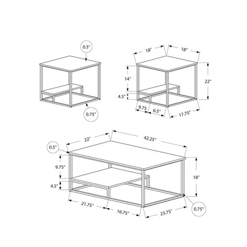 Monarch Contemporary 3-Piece Coffee Table & End Tables Set with Half Shelves - Taupe/Black