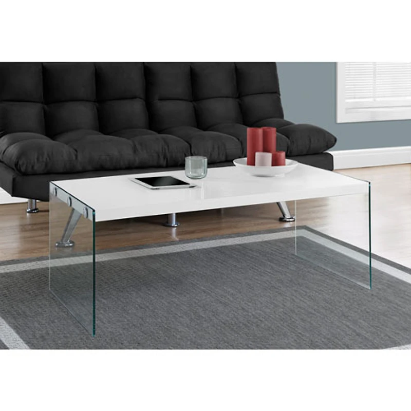 Table basse rectangulaire moderne avec côté en verre trempé de Monarch - Blanc