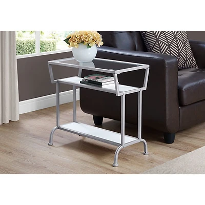 Monarch Modern Rectangular End Table With Tempered Glass Top and 2 Shelves - White