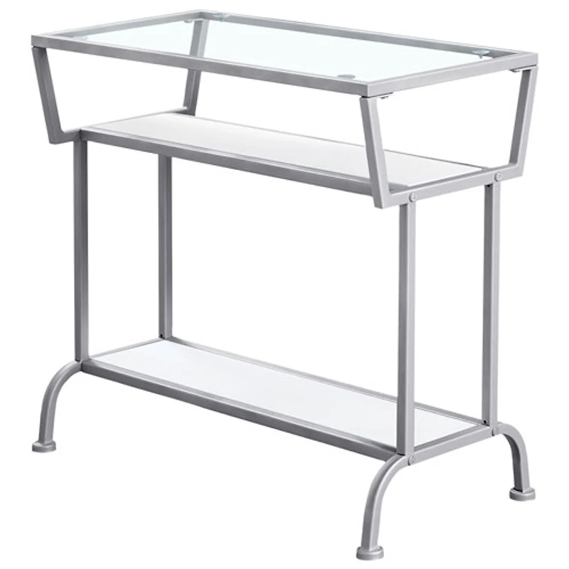 Monarch Modern Rectangular End Table With Tempered Glass Top and 2 Shelves - White