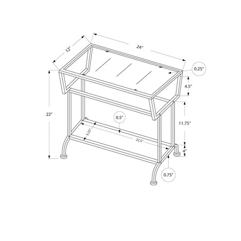 Monarch Modern Rectangular End Table With Tempered Glass Top and 2 Shelves - White