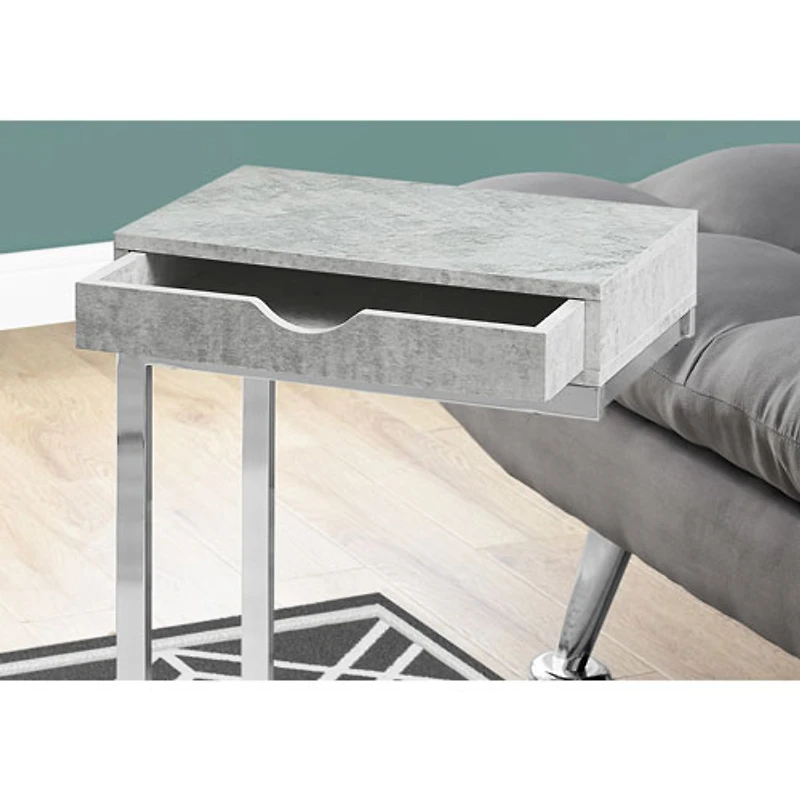 Monarch Modern Rectangular C-Shape End Table With Drawer - Cement Grey/Chrome