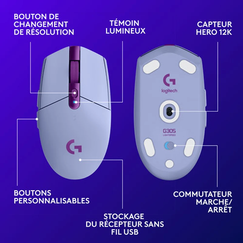 Souris de jeu optique HERO sans fil de 12 000 ppp G305 LIGHTSPEED de Logitech - Lilas