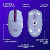 Souris de jeu optique HERO sans fil de 12 000 ppp G305 LIGHTSPEED de Logitech - Lilas