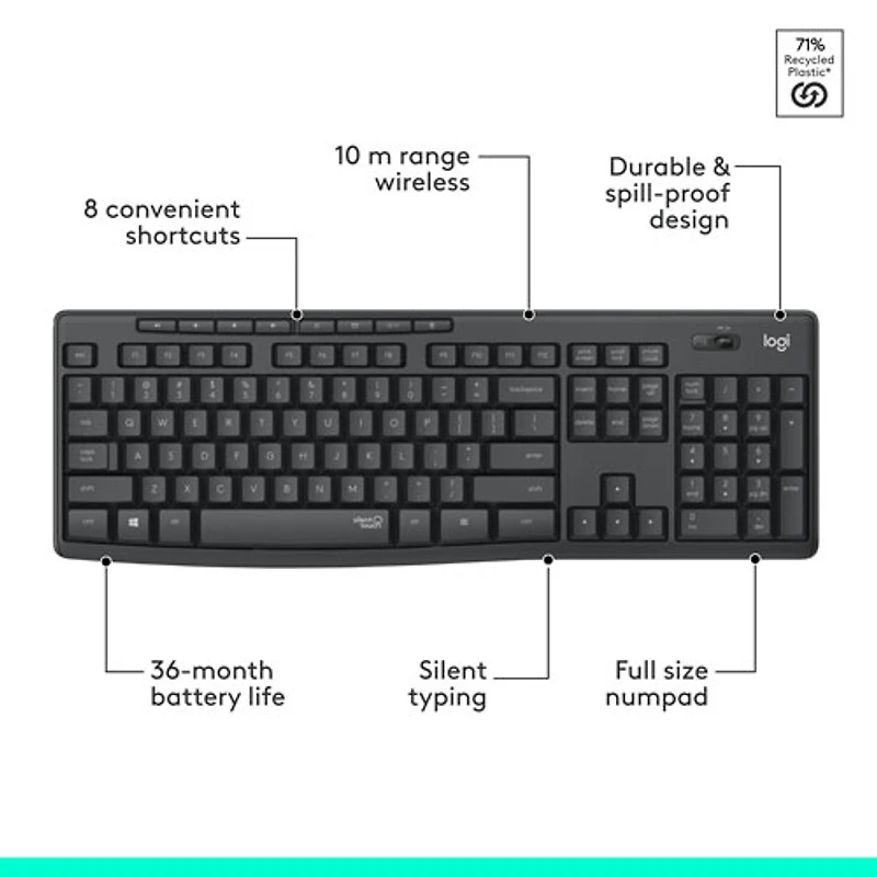 Ensemble clavier et souris optique sans fil silencieux MK295 de Logitech - Graphite