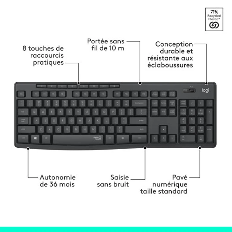 Ensemble clavier et souris optique sans fil silencieux MK295 de Logitech - Graphite
