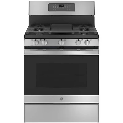 Cuisinière gaz autonome 5 brûleurs ventilateur conv. friture air 5 pi³ 30 de GE (JCGB735SPSS) - Inox