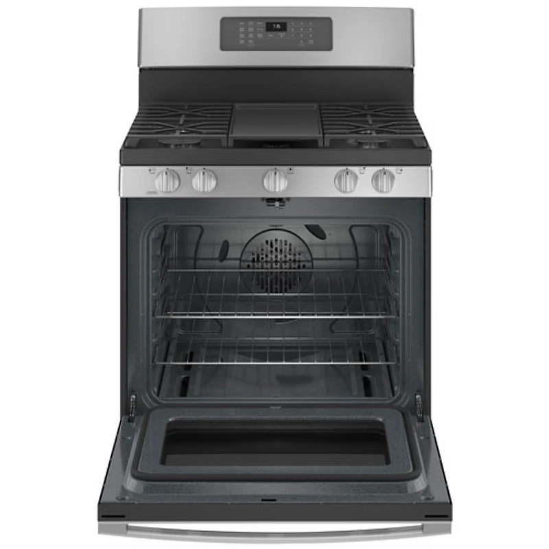 Cuisinière gaz autonome 5 brûleurs ventilateur conv. friture air 5 pi³ 30 de GE (JCGB735SPSS) - Inox