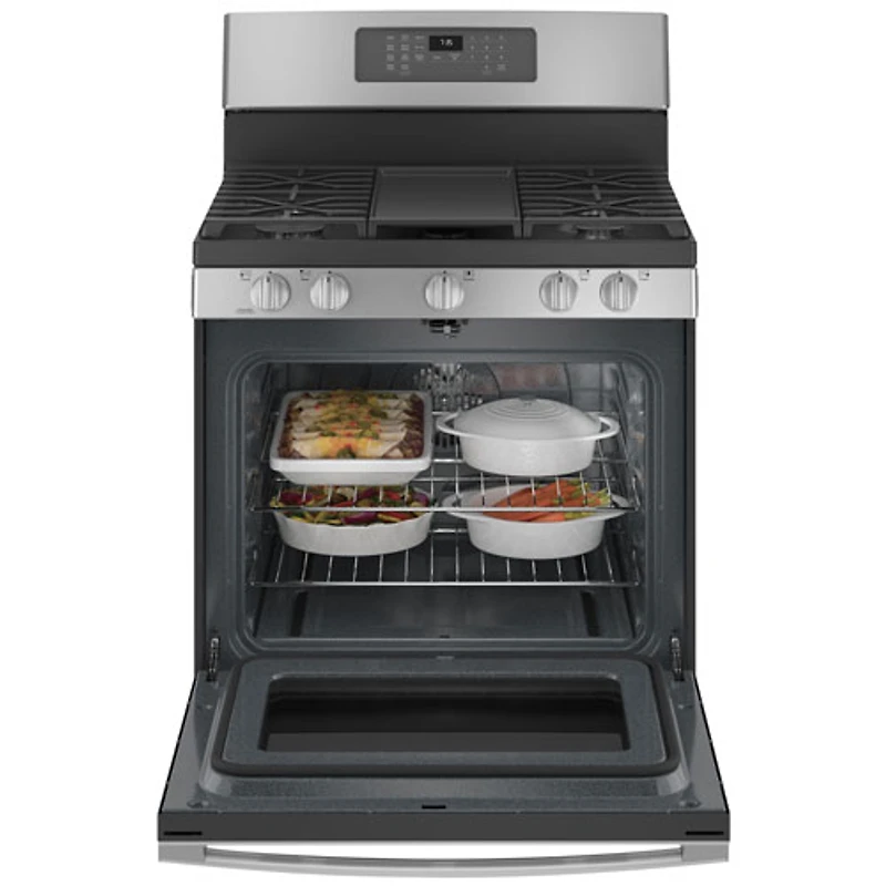 Cuisinière gaz autonome 5 brûleurs ventilateur conv. friture air 5 pi³ 30 de GE (JCGB735SPSS) - Inox