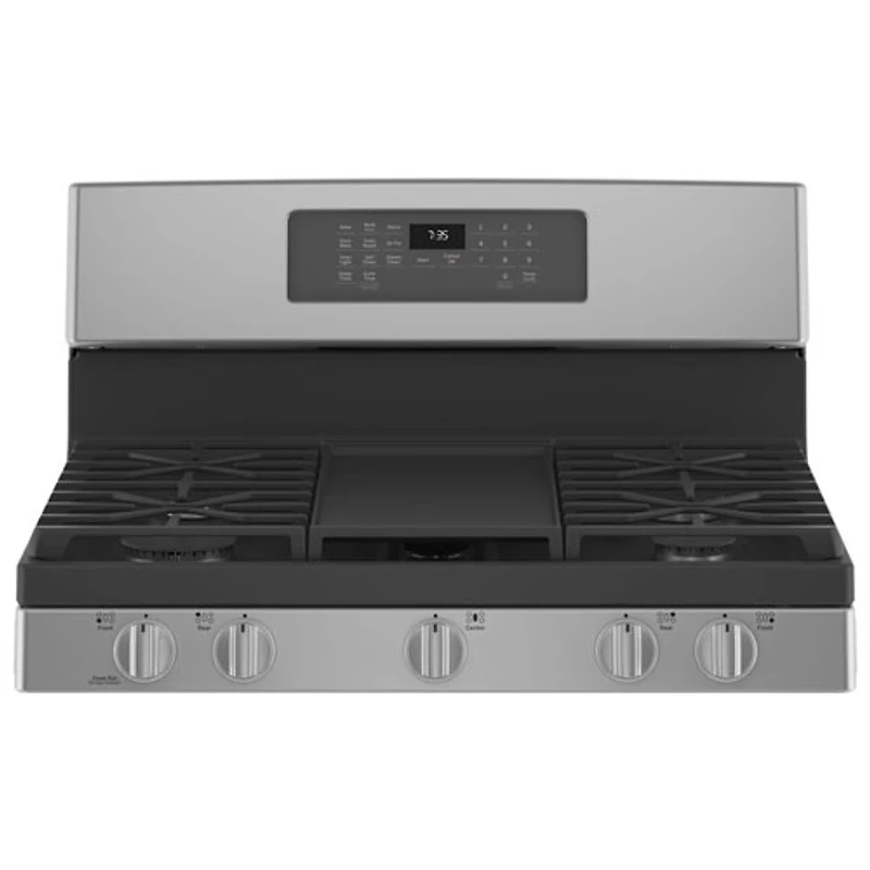 Cuisinière gaz autonome 5 brûleurs ventilateur conv. friture air 5 pi³ 30 de GE (JCGB735SPSS) - Inox