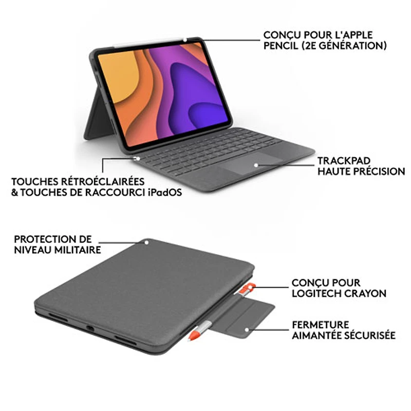 Étui-clavier Folio Touch de Logitech avec pavé tactile pour iPad Air 11 po (M2), iPad Air (5e/4e génération) - Gris