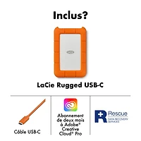 Disque dur externe portatif USB-C Rugged 2 To de LaCie pour PC/Mac (STFR2000800) - Orange