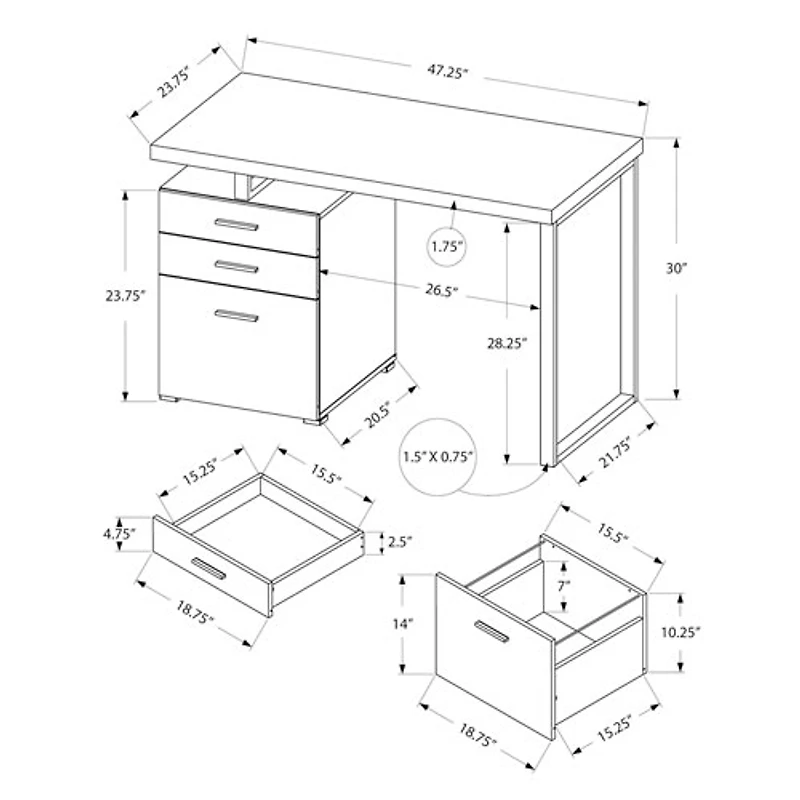 Bureau d'ordinateur flottant avec 3 tiroirs de 47,25 po de largeur de Monarch - Blanc/Noir