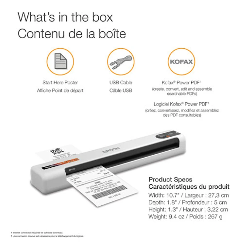 Numériseur portatif couleur documents et reçus RapidReceipt RR-60 d'Epson