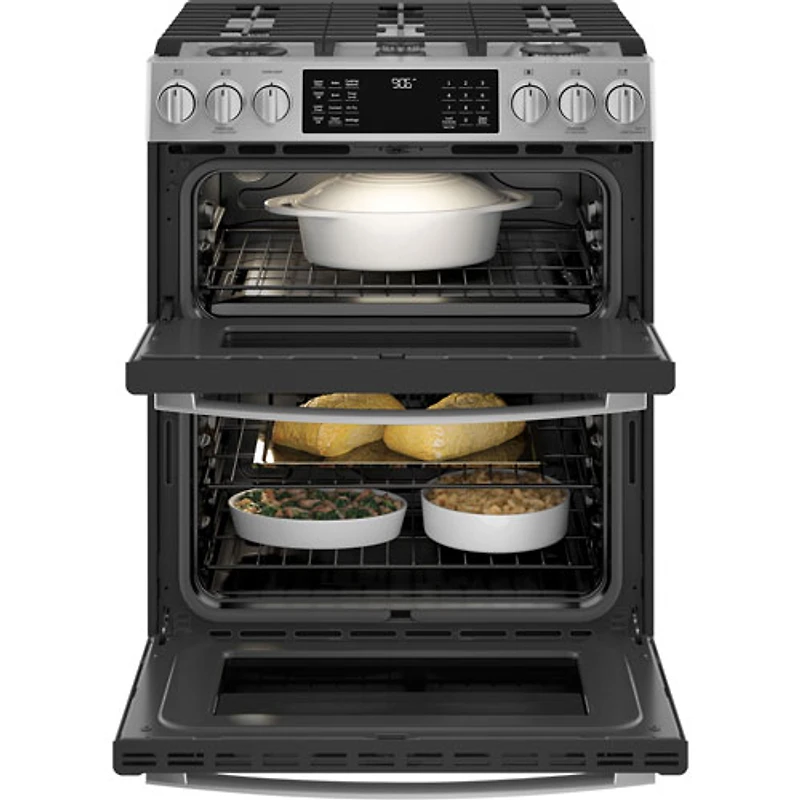 Cuisinière gaz encas. four double friture air 6,7 pi³ 30 po Profile de GE (PCGS960YPFS) - Inox