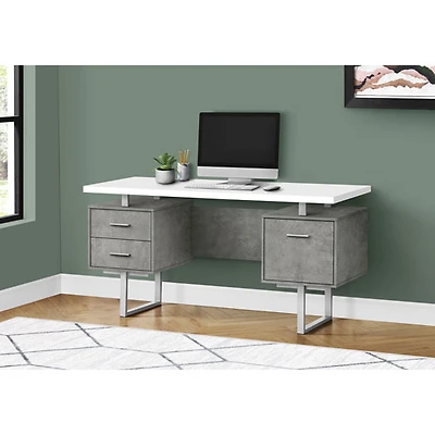 Monarch Floating 60"W Computer Desk with 3 Drawers - White/Concrete