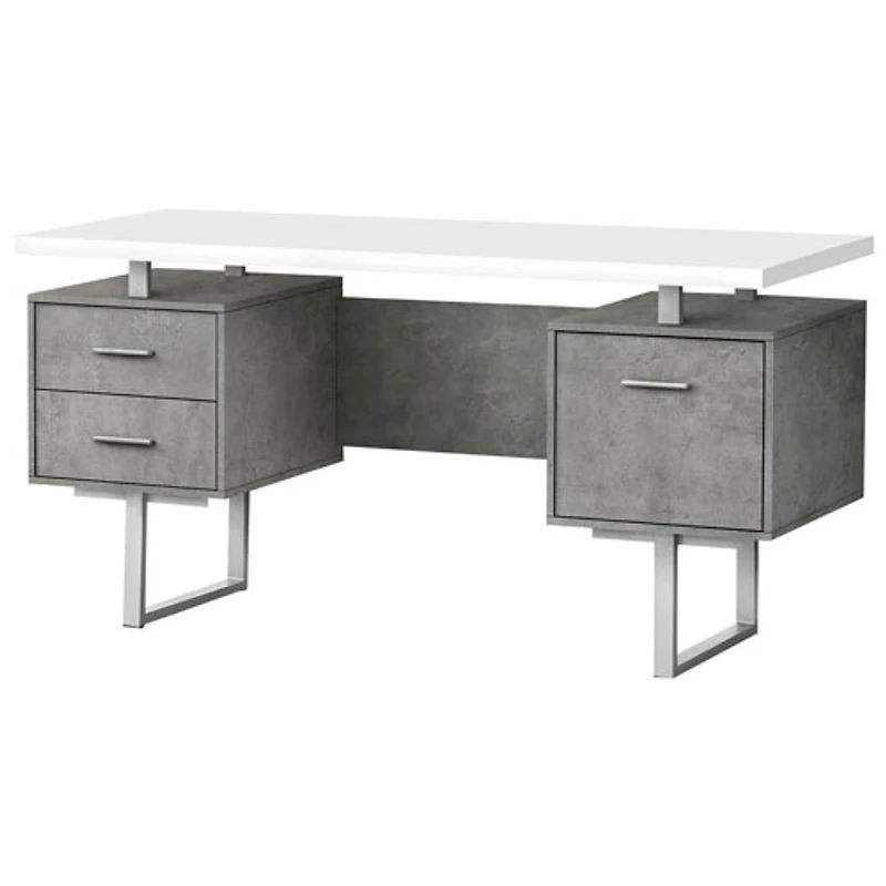 Bureau d'ordinateur flottant avec 3 tiroirs de 60 po de largeur de Monarch - Blanc/Béton