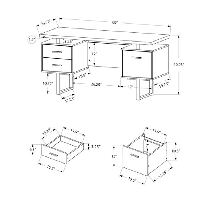 Bureau d'ordinateur flottant avec 3 tiroirs de 60 po de largeur de Monarch - Blanc/Béton