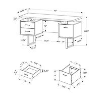 Bureau d'ordinateur flottant avec 3 tiroirs de 60 po de largeur de Monarch - Blanc/Béton