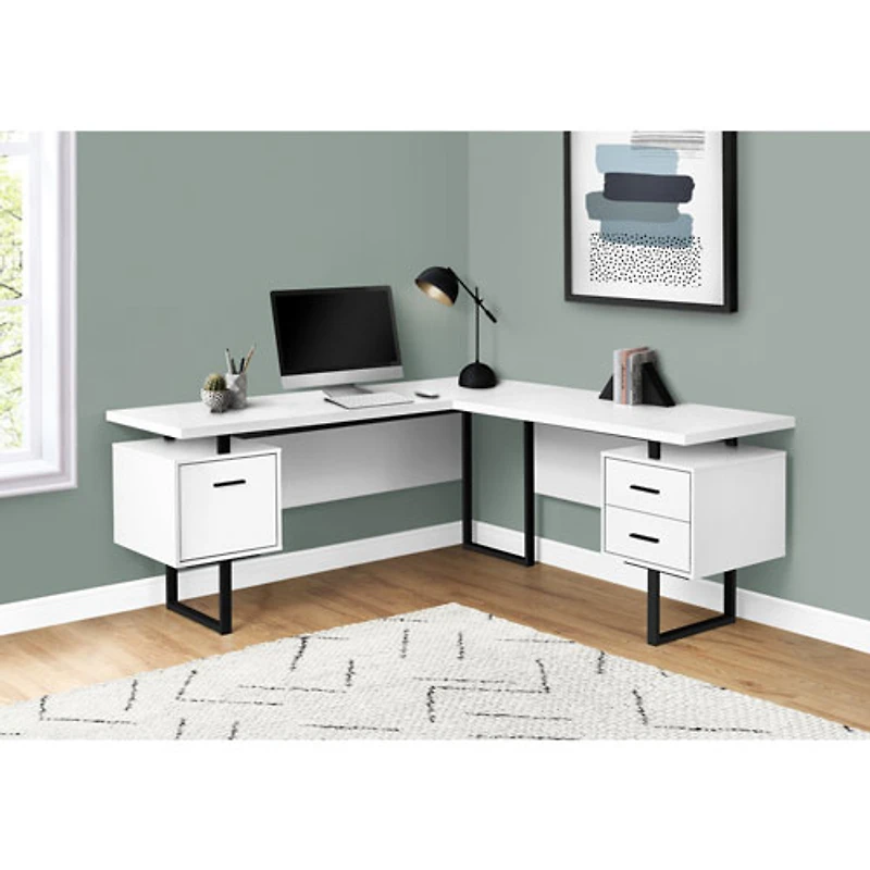 Bureau d'ordinateur en angle avec 3 tiroirs de 71 po de largeur de Monarch - Blanc