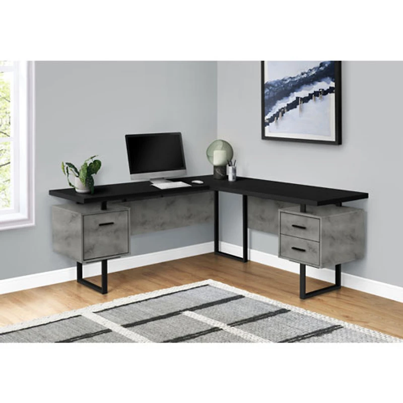 Monarch Corner 71"W Computer Desk with 3 Drawers - Black/Concrete
