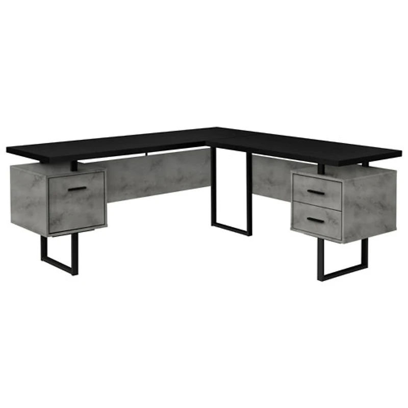 Monarch Corner 71"W Computer Desk with 3 Drawers - Black/Concrete