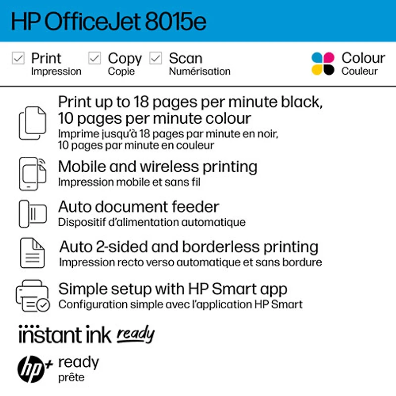 Imprimante à jet d'encre tout-en-un sans fil OfficeJet 8015e de HP - Essai de 6 mois de Instant Ink de HP inclus*