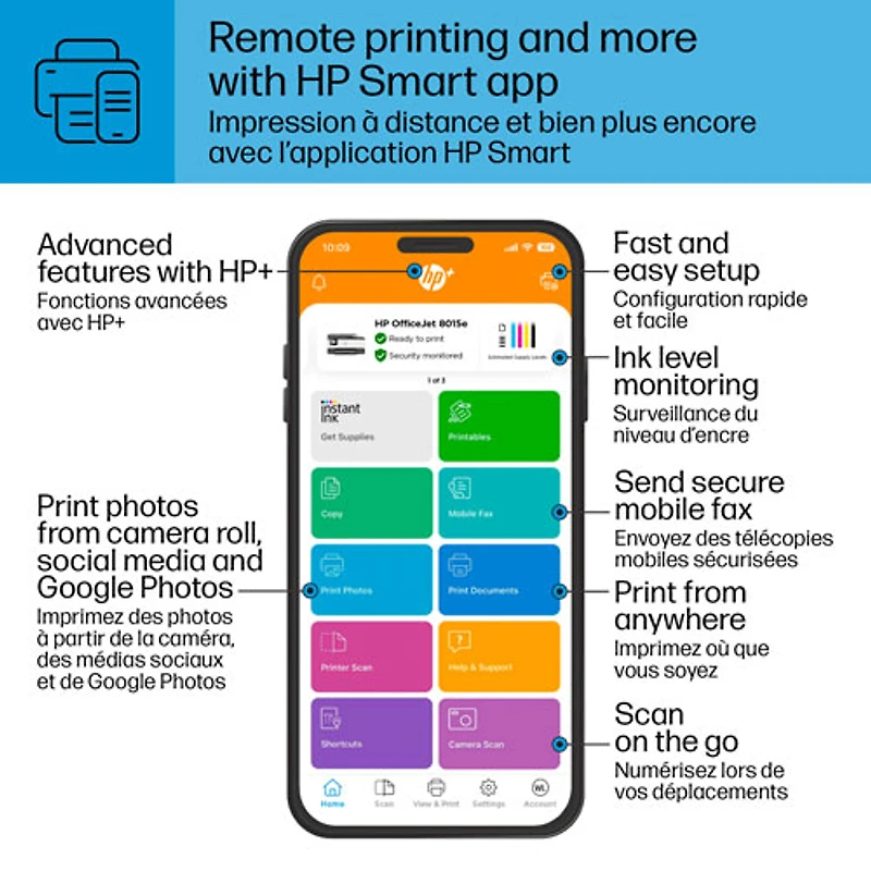 Imprimante à jet d'encre tout-en-un sans fil OfficeJet 8015e de HP - Essai de 6 mois de Instant Ink de HP inclus*