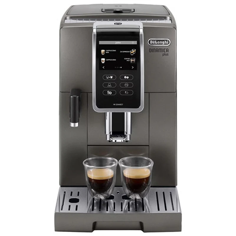 Machine à espresso automatique Dinamica Plus Connected de De'Longhi avec mousseur et moulin à café - Titane