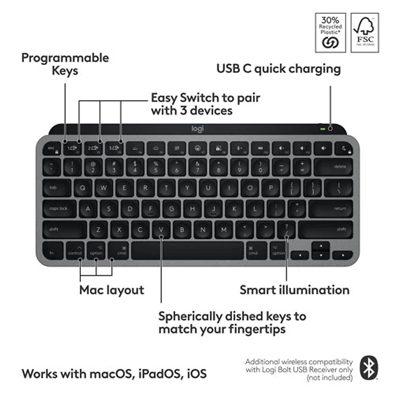 Clavier ergonomique rétroéclairé mécanique Bluetooth MX Mini de Logitech pour Mac - Gris pâle