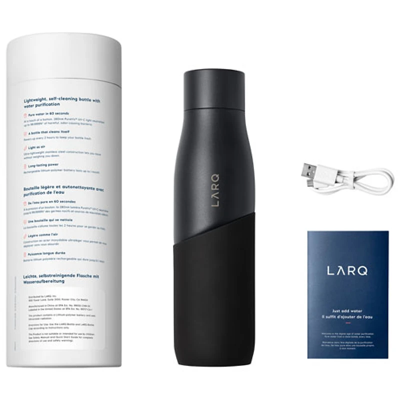 Bouteille d'eau autonettoyante de 710 ml (24 oz) en acier inoxydable PureVis Movement de LARQ - Noir/Onyx