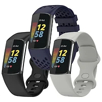 StrapsCo Silicone Strap for Fitbit Charge 5 - Black/Blue/Grey - 3 Pack