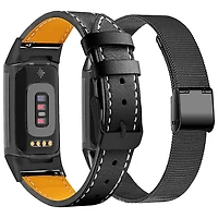 Bracelet en cuir et bracelet milanais de StrapsCo pour Charge 5 de Fitbit - Noir - Paquet de 2
