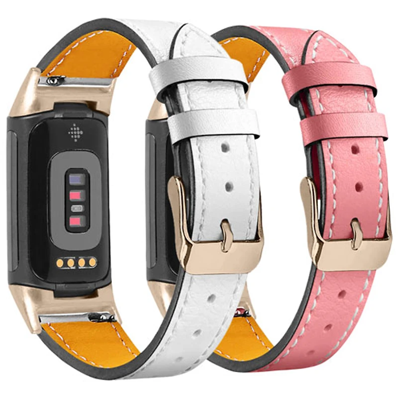 Bracelet en cuir de StrapsCo pour Charge 5 de Fitbit - Rose/Blanc - Paquet de 2