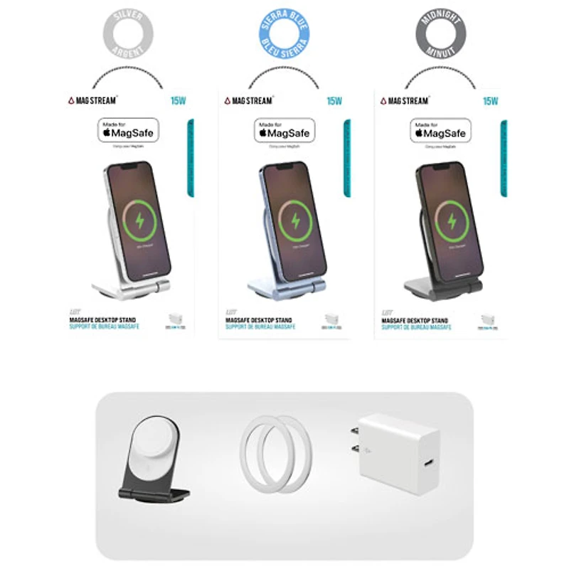 Support de chargement sans fil de 15 W Mag Stream MagSafe de LBT avec chargeur mural PD de 20 W - Argenté