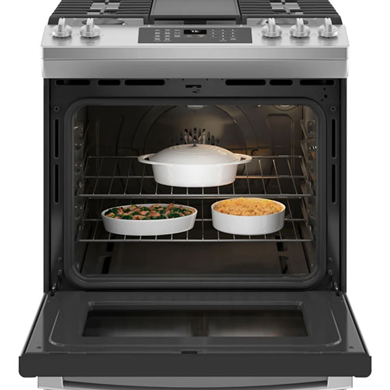GE 30" 5.6 Cu. Ft. Fan Convection 5-Burner Slide-In Gas Range (JCGS760SPSS) - Stainless Steel