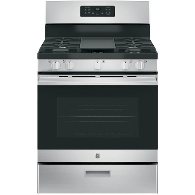 Cuisinière au gaz autonome à 5 brûleurs 5,0 pi³ 30 po de GE (JCGBS66SEKSS) - Acier inoxydable