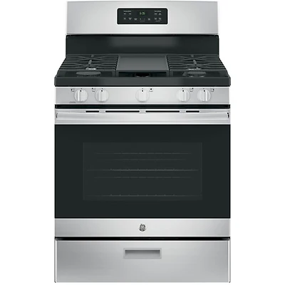 Cuisinière au gaz autonome à 5 brûleurs 5,0 pi³ 30 po de GE (JCGBS66SEKSS) - Acier inoxydable