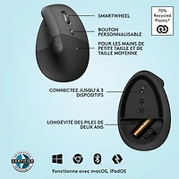 Souris ergonomique sans fil verticale de 4000 ppp Lift de Logitech - Graphite