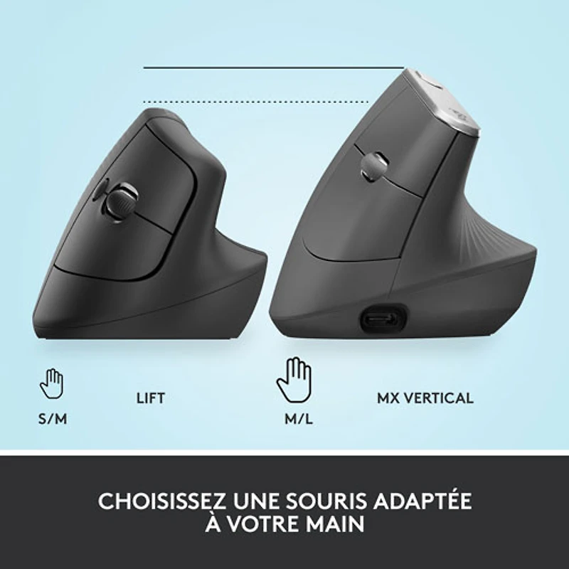 Souris ergonomique sans fil verticale de 4000 ppp Lift de Logitech - Graphite