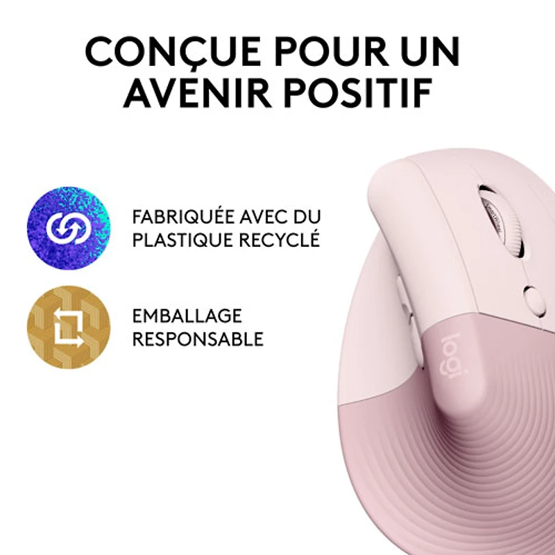 Souris ergonomique sans fil verticale de 4000 ppp Lift de Logitech - Rose