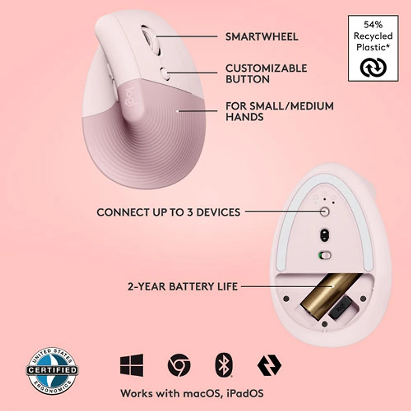 Souris ergonomique sans fil verticale de 4000 ppp Lift de Logitech - Rose