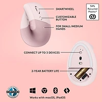 Souris ergonomique sans fil verticale de 4000 ppp Lift de Logitech - Rose