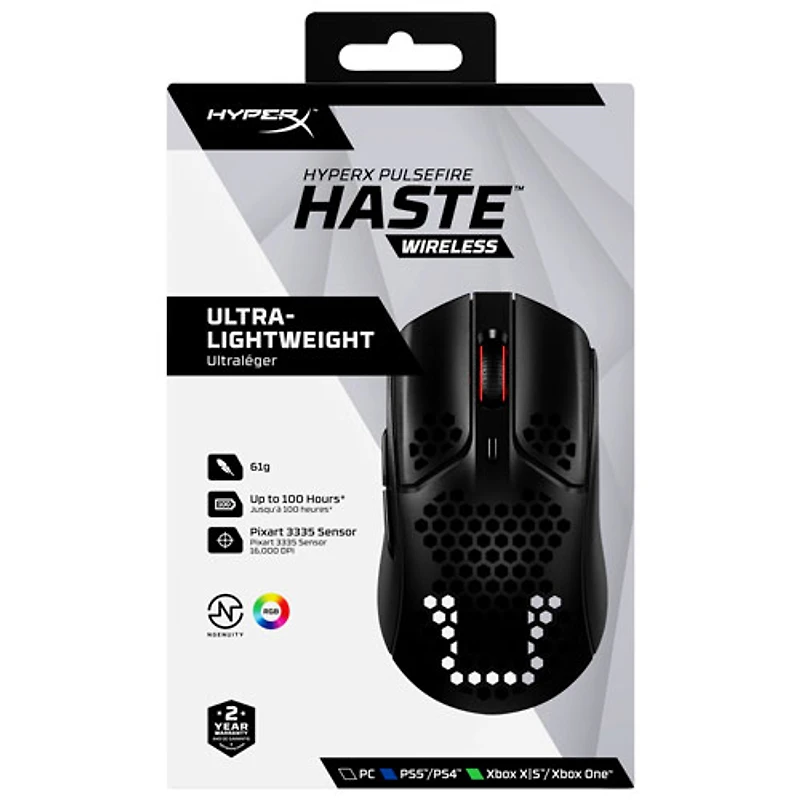 Souris de jeu sans fil de 16000 ppp Pixart PAW3335 Pulsefire Haste de HyperX - Noir